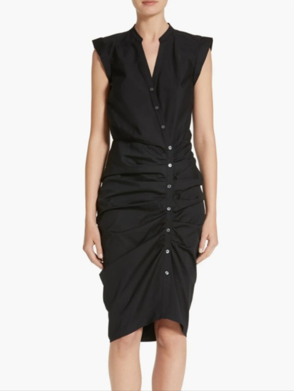 Veronica Beard Black Ruched Button-Front Shirtdress Midi Dress